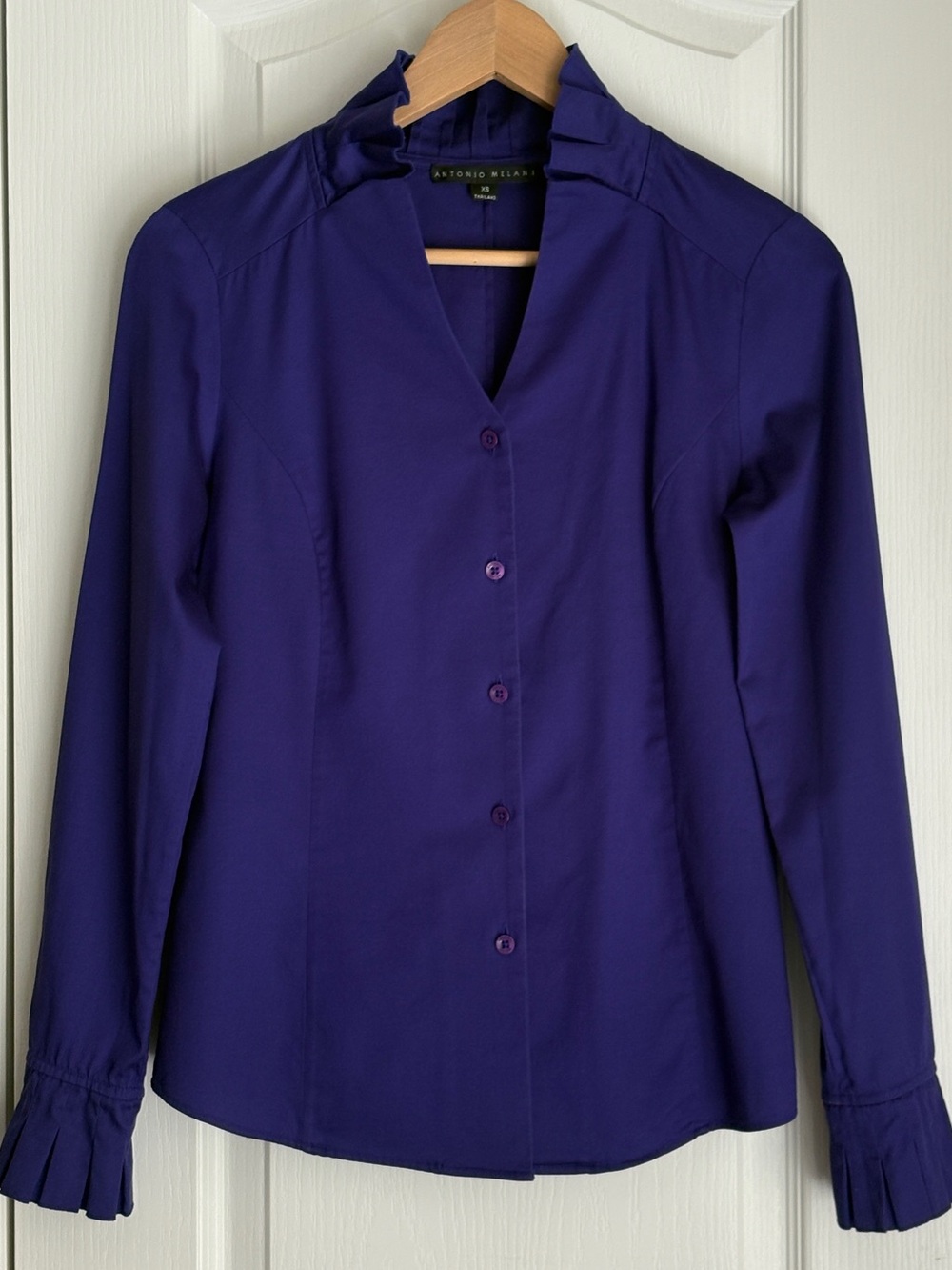 ANTONIO MELANI Jewel Purple Ruffle Collar Button Down Tailored Top Size XS